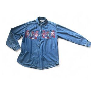 BSA Vintage Embroidered Cats Denim Women's Long Sleeve Button Down Shirt L